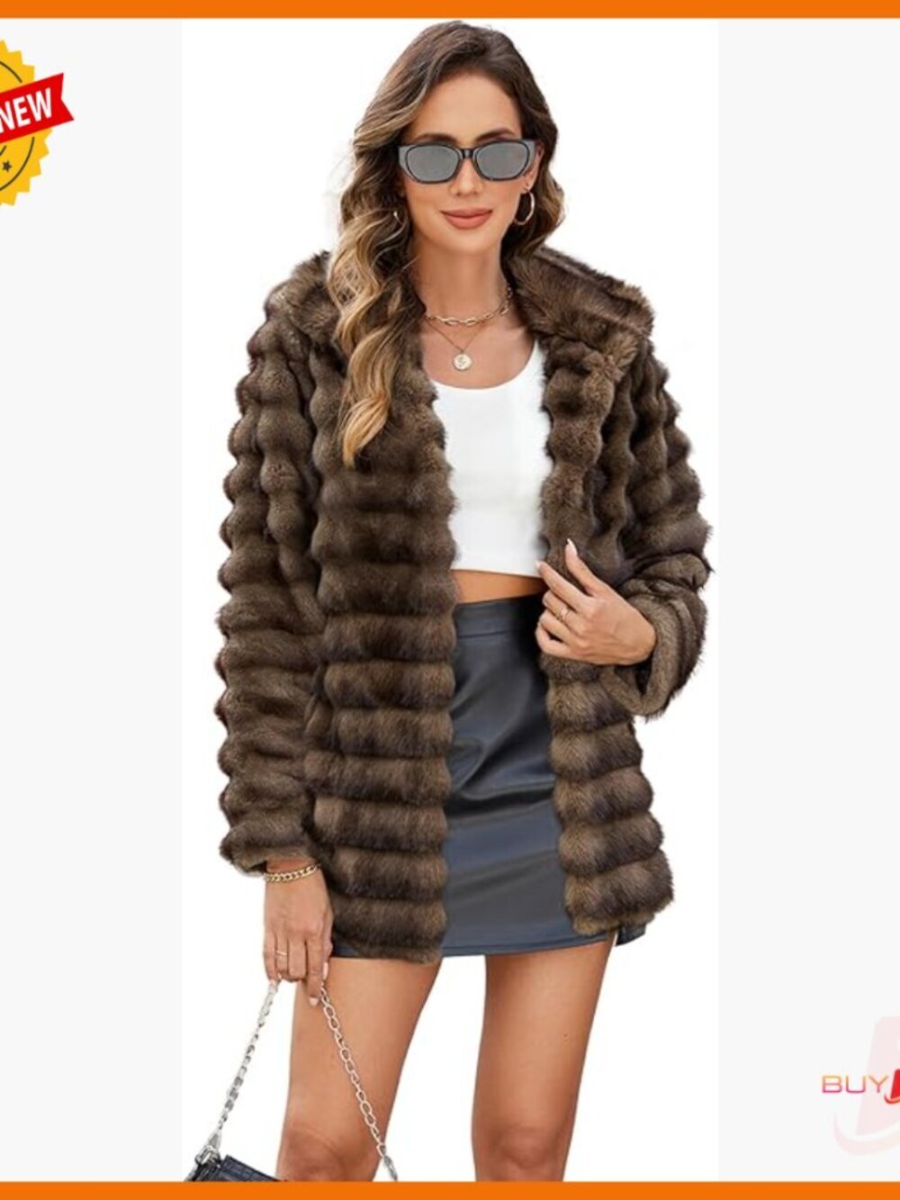 Faux Fur Jacket Mid-Length Open Front Long Sleeve Pockets Winter Coat